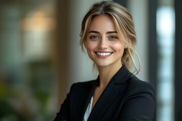 Confident Businesswoman with Blonde Hair and Bright Smile in Corporate Attire.