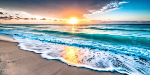 Ocean Waves at Sunset on a Sandy Beach – A Tranquil and Breathtaking Coastal View