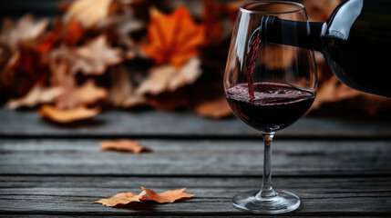 Red wine being poured into a glass on a wooden table with autumn leaves in the background.