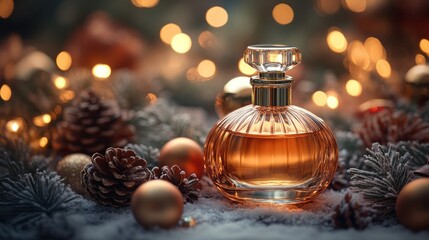 A high-end fragrance bottle, beautifully displayed with Christmas lights and ornaments.