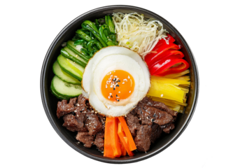 korean bibimbap bowl with galbi beef and pickled vegetables isolated on transparent or white background