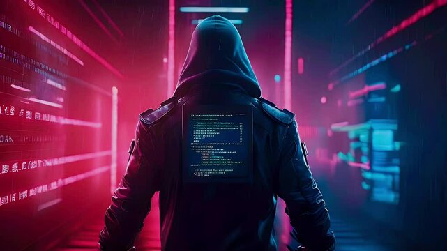 A hooded figure walks through a neon-lit hallway, their back to the camera, with glowing code on a screen on their back.