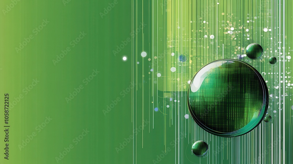 Poster bright green background with thin, intersecting line patterns and circular shapes, giving a tech-ins
