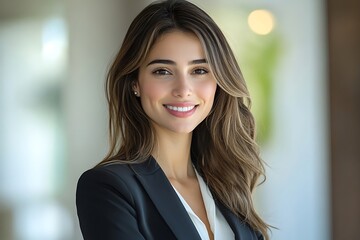 Naklejka premium Confident Businesswoman with Long Hair and White Smile Portrait