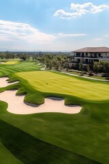 Obraz premium Luxury Golf Resort Lush Green Fairways, Picturesque Bunkers, and Clubhouse Under a Serene Blue Sky