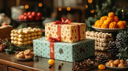 A monthly snack subscription box, wrapped in festive paper, sitting on a holiday-themed kitchen counter.