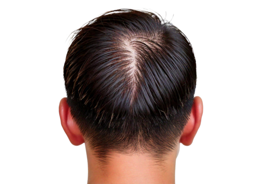 Man showing hair loss and restored hair side by side isolated on transparent or white background