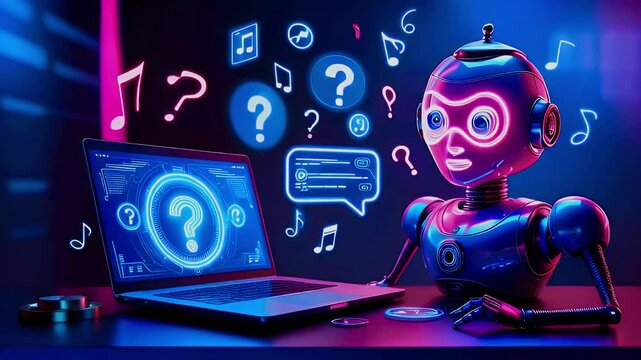 A blue and pink robot with a question mark on a laptop screen, surrounded by question marks and music notes.