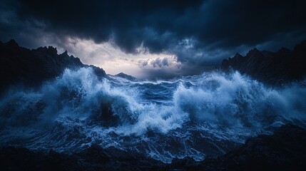 Obraz premium Majestic Wave Crashing Against Dramatic Coastal Cliffs in Stormy Weather