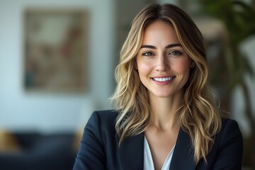 Confident Businesswoman with Long Wavy Hair and a Warm Smile
