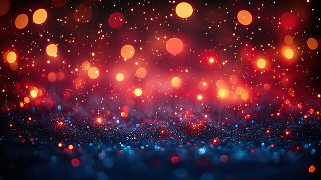 Abstract bokeh with red, blue, and white colors in the background, featuring glittering lights, ideal for 4th of July, Labor Day, or Christmas decorations in banners, posters, or greeting cards