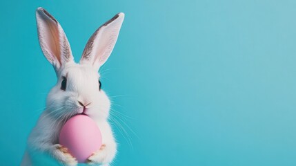 A cute white rabbit holding a pink egg against a blue background.