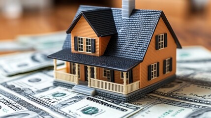 A model house placed on a stack of money, symbolizing real estate.