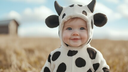 Smiling baby in a cow-themed outfit enjoying a sunny day in the countryside, perfect for family and lifestyle themes.
