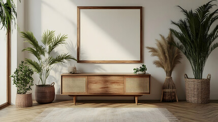 3D Illustration of Minimalist Interior Design with Wooden Cabinet and Plants