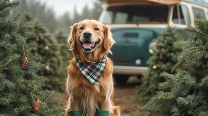 Golden retriever wearing a plaid bandana, sitting cheerfully among Christmas trees with a vintage van in the background.