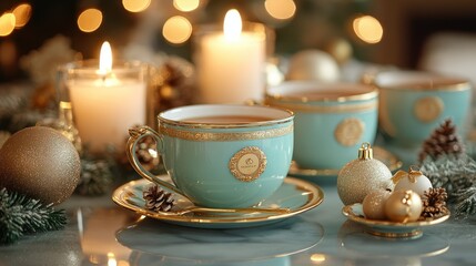 Fototapeta premium A tea subscription box, with elegant packaging, placed on a Christmas-themed dining table with candles.