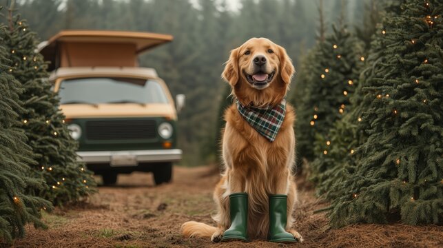 Golden retriever with boots and bandana sits amid lit trees, a vintage camper van in background, in forest setting. - Powered by Adobe