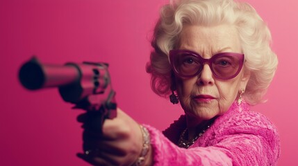 Elderly woman in pink attire confidently holds a handgun, portraying strength and empowerment against a pink backdrop.