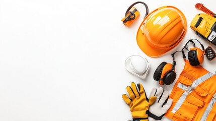Personal protective equipment set on white background including helmet, gloves, earmuffs, goggles, vest, and mask for industrial safety