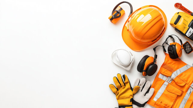 Personal protective equipment set on white background including helmet, gloves, earmuffs, goggles, vest, and mask for industrial safety