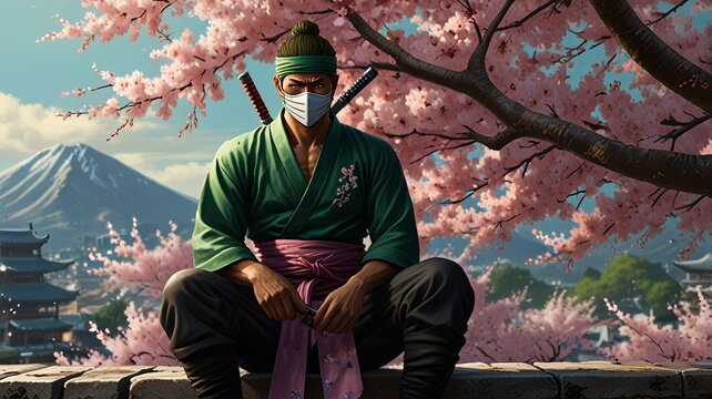 A masked zoro fighter, sitting cherry blossom tree, cinematic, fantasy painting.