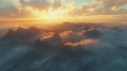 Fototapeta premium Aerial view of misty mountains at sunrise 