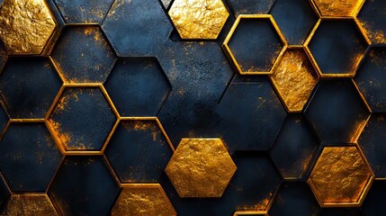 A close up of a metal wall with gold hexagons on it