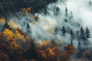 Golden autumn foliage shrouded in misty mountain forest