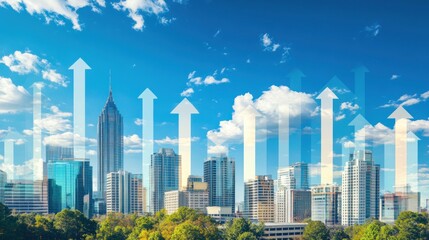 A cityscape with white arrows pointing upwards, representing growth and progress.