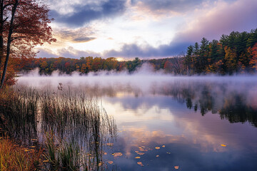Fototapeta premium Misty autumn morning at a serene lakeside with colorful trees