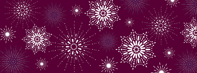 Elegant seamless pattern featuring festive fireworks on a vibrant maroon background. Ideal for New Year, celebration themes, and festive holiday designs.