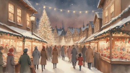 Nostalgic Watercolor Christmas Market with Decorated and Lit Trees Along Festive Stalls – Cozy Holiday Atmosphere