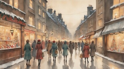 Retro Christmas Shopping Watercolor Scene