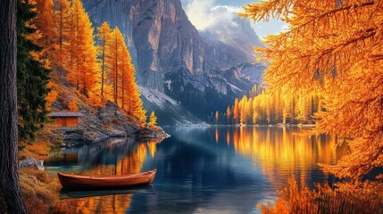 Awesome sunny autumn day in the dolomites, south tyrol, italy, at mountain lake surrounded by orange, golden, yellow colored larch trees, reflections in the water 