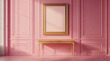 A gold framed mirror is on a pink wall