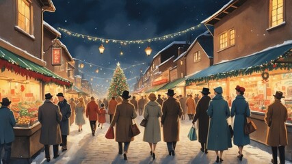 Artistic Watercolor of Retro Christmas Market with Decorated, Lit Tree Along the Street – Festive and Nostalgic Scene