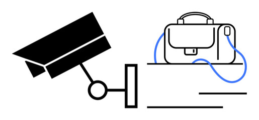 Security camera monitoring briefcase sitting on a shelf. Ideal for security systems, workplace safety, loss prevention, corporate surveillance, theft protection, data security, privacy concerns. Line