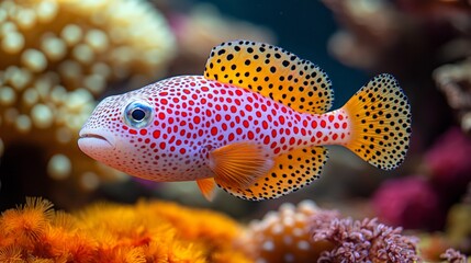 Obraz premium A fish with red and yellow spots is swimming in a tank