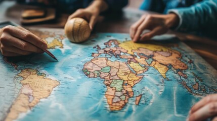 Close-up of hands pointing at a world map, planning a trip.