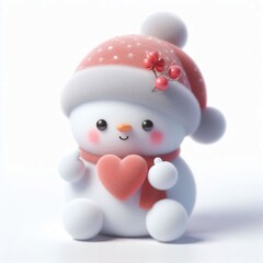 Fototapeta premium 3d Cute fluffy christmas snowman doing mini heart pose, full body, white background