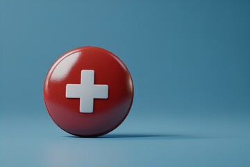 Fototapeta premium Red Round Button With a White Cross Symbol Against a Blue Background in a Minimalistic Design Setting