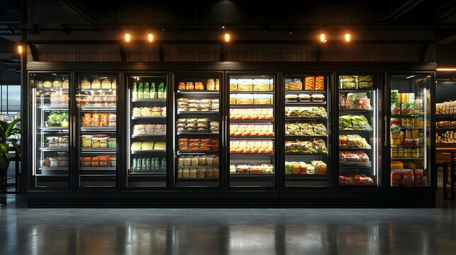 Illustration of Refrigerated Display Cases Stocked with Food