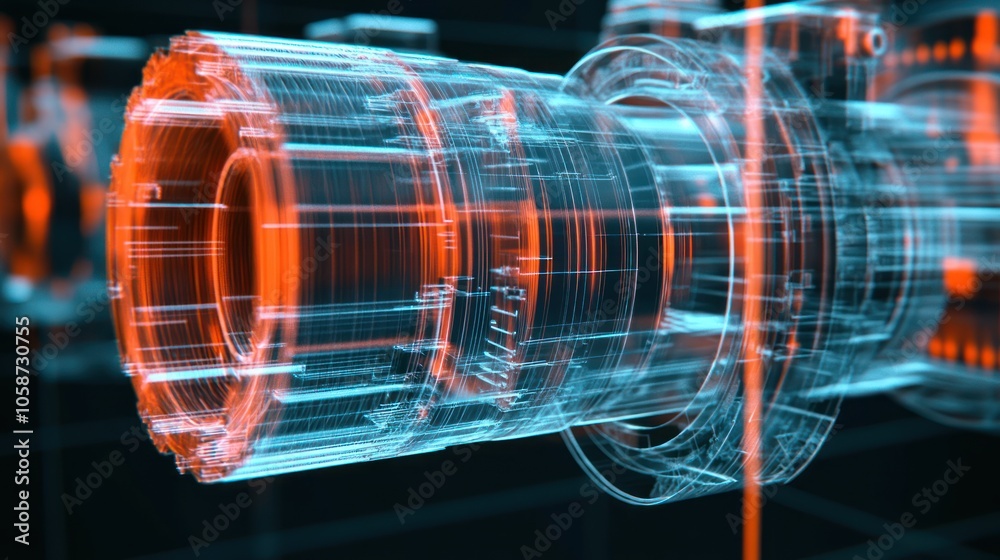 Poster abstract digital rendering of a camera lens with blue and red highlights.