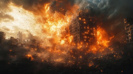 excavator arm demolishing a building, debris flying through the air, showcasing the chaos and intensity of a construction site, with an emphasis on strength and the process of urban renewal