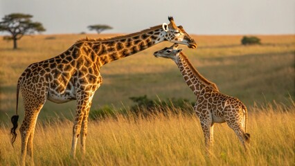 Obraz premium Mother giraffe and baby giraffe in African savanna during golden sunset wildlife photography