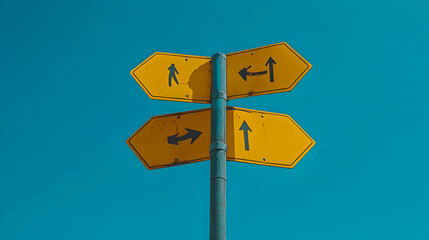 Photo Yellow Direction Signs Against Blue Sky