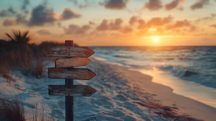 Wooden Signpost on a Tropical Beach at Sunset Background Illustration