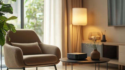 Fototapeta premium Comfortable living room with armchair, Wi-Fi router on a sleek table, and warm decor accents, creating a cozy, connected retreat