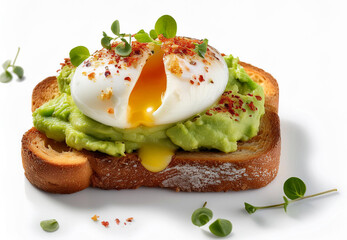 A high-resolution image of avocado toast with a poached egg isolated on a white background. avocado toast is topped with smashed avocado, sprinkled with chili flakes, and garnished with a poached egg 